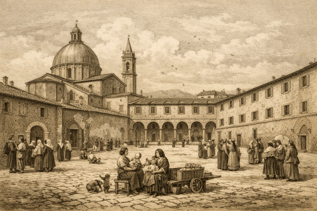 Illustrative reconstruction of Santa Chiara in Pisa in the mid-19th century, showing a hospital courtyard with women, children, and staff.