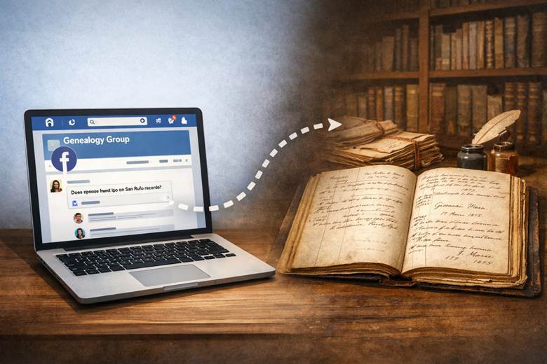 Illustration of a laptop showing a genealogy Facebook group next to old Italian parish registers, with a dotted path leading from the screen to the records.
